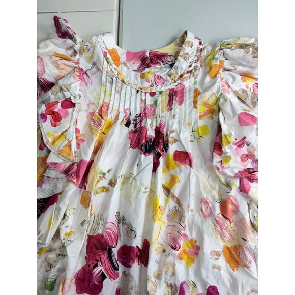 Fairhope Floral Ruffle Sleeve Top Pintuck Detail White Pink Yellow M - Picture 8 of 11